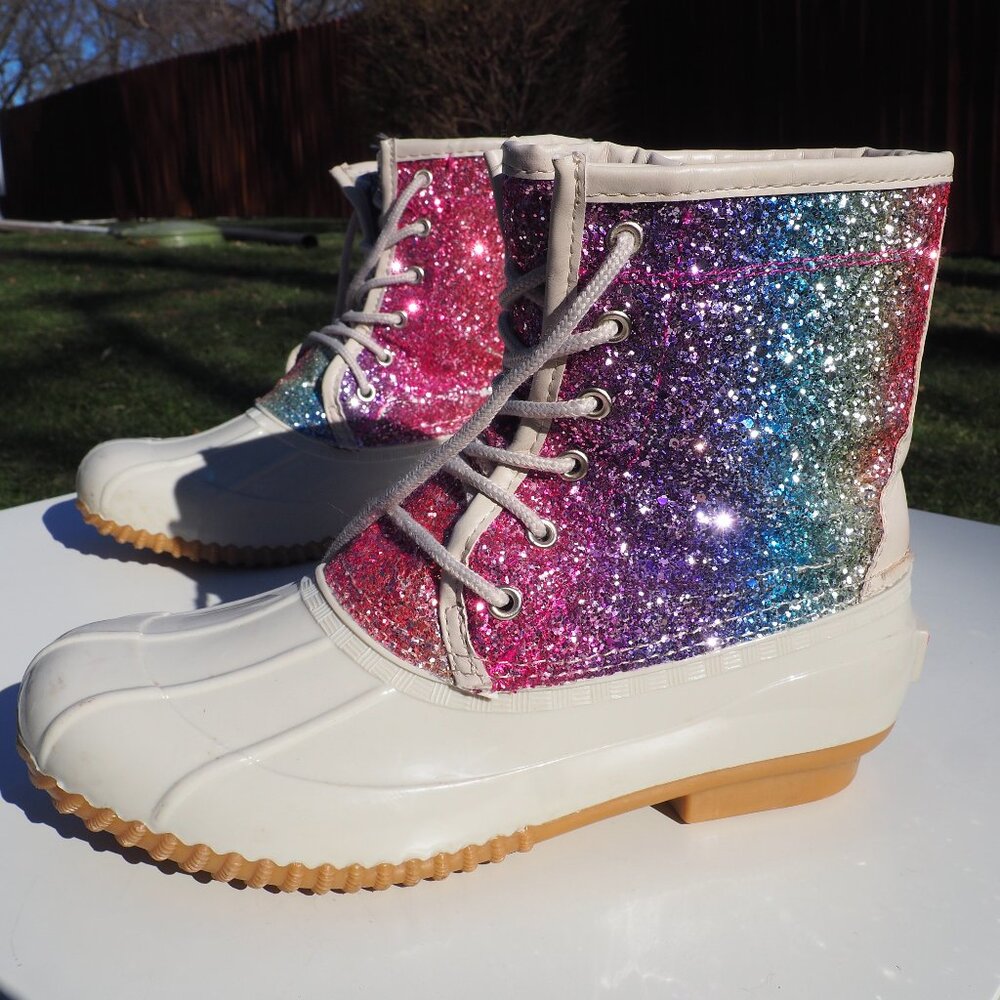 Sugar Women's Rainbow Sparkle Glitter Duck Boots Size 9